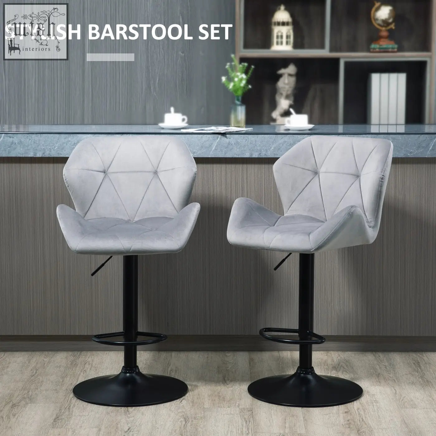 Gray velvet-feel upholstery barstools set of 2 with black metal frame round base and star-shaped tufting