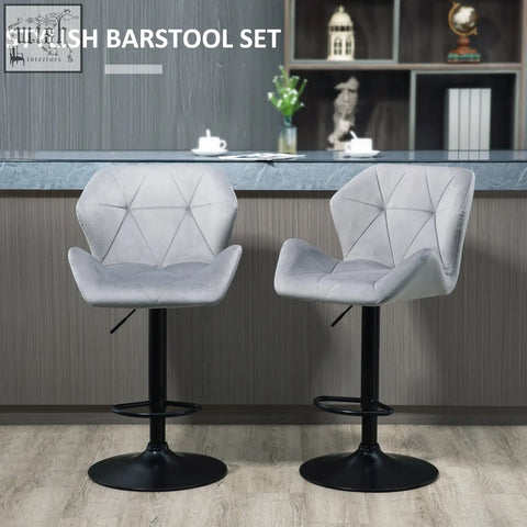 Gray velvet-feel upholstery barstools set of 2 with black metal frame round base and star-shaped tufting