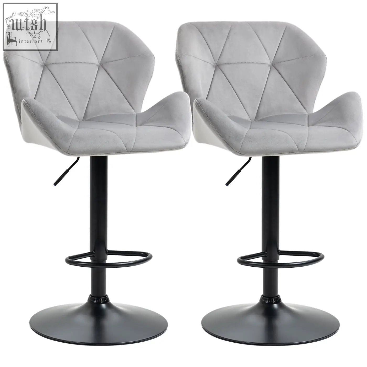 Gray velvet-feel upholstery bar stools with geometric quilted seat, black metal frame, and round base from homcom