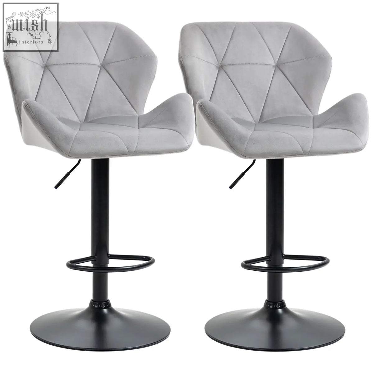 Gray velvet-feel upholstery bar stools with geometric quilted seat, black metal frame, and round base from homcom