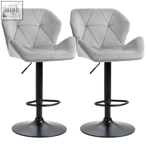 Gray velvet-feel upholstery bar stools with geometric quilted seat, black metal frame, and round base from homcom