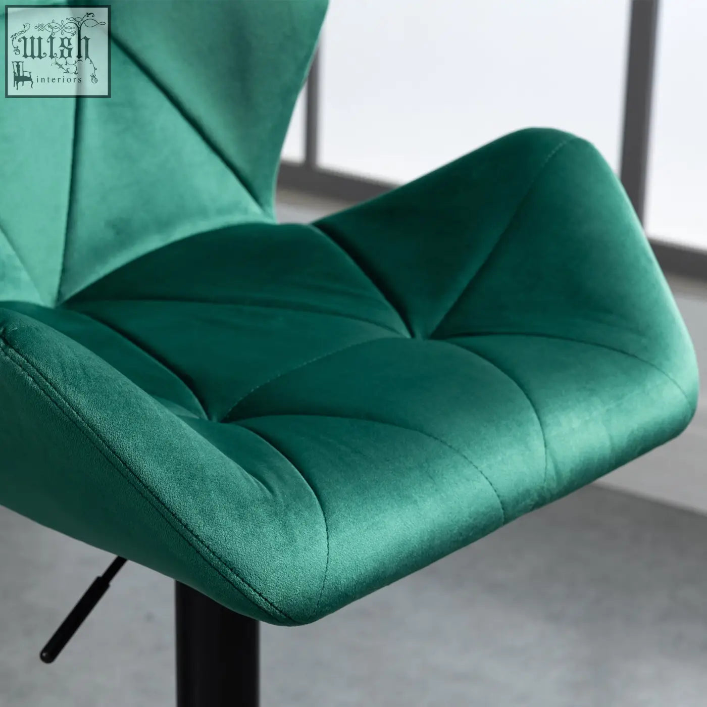 Emerald green velvet-feel upholstery bar stools set of 2 with round base metal frame and adjustable height swivel
