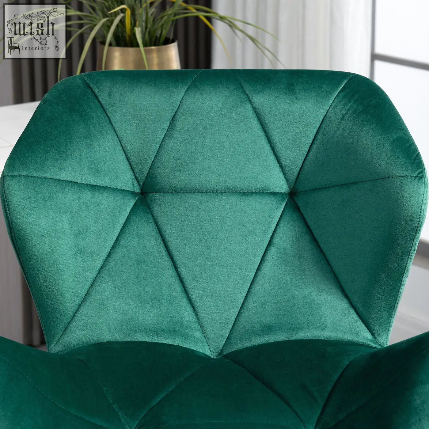 Emerald green velvet-feel upholstery bar stools set of 2 with quilted diamond pattern metal frame and round base