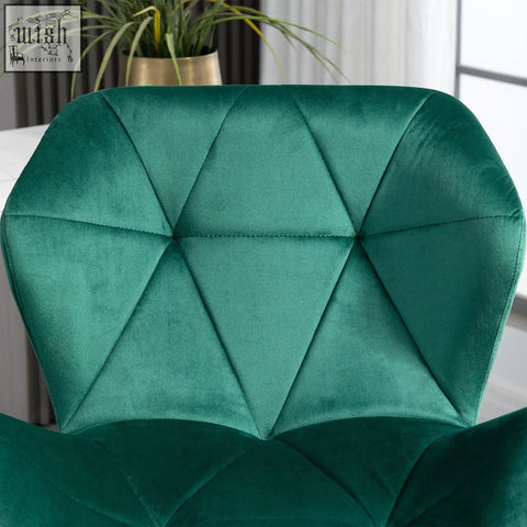 Emerald green velvet-feel upholstery bar stools set of 2 with quilted diamond pattern metal frame and round base