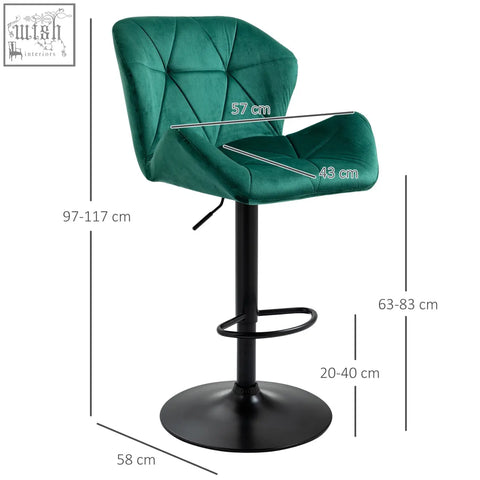 Emerald green velvet-feel upholstery bar stool with round base and black metal frame adjustable height by HOMCOM