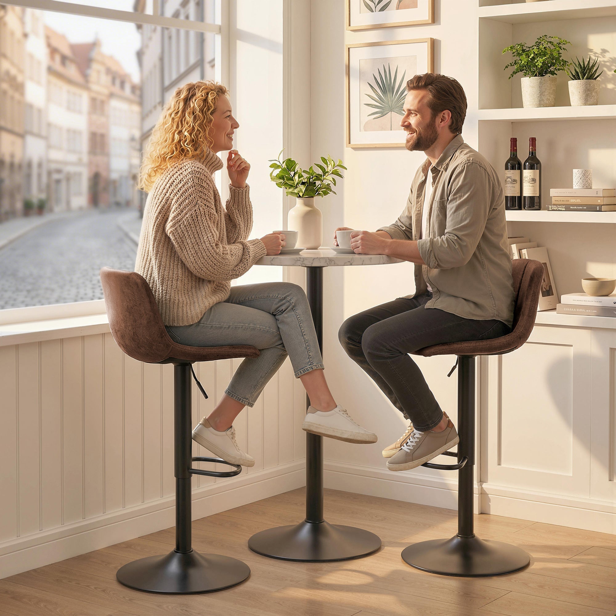 Brown upholstered homcom bar stools set of 2 with carbon steel bases and adjustable height for kitchen island seating