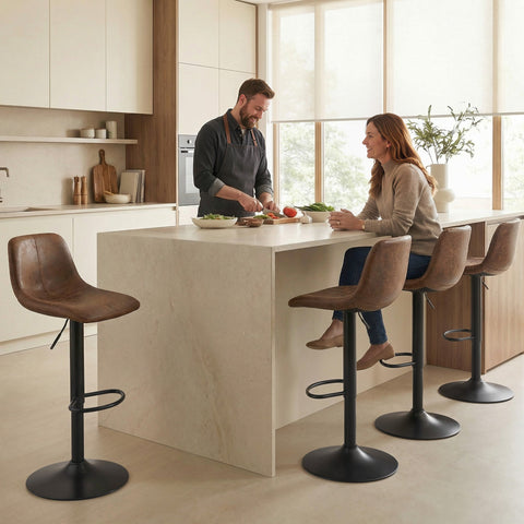 Brown leather bar stools with black carbon steel bases perfect for kitchen island seating by HOMCOM
