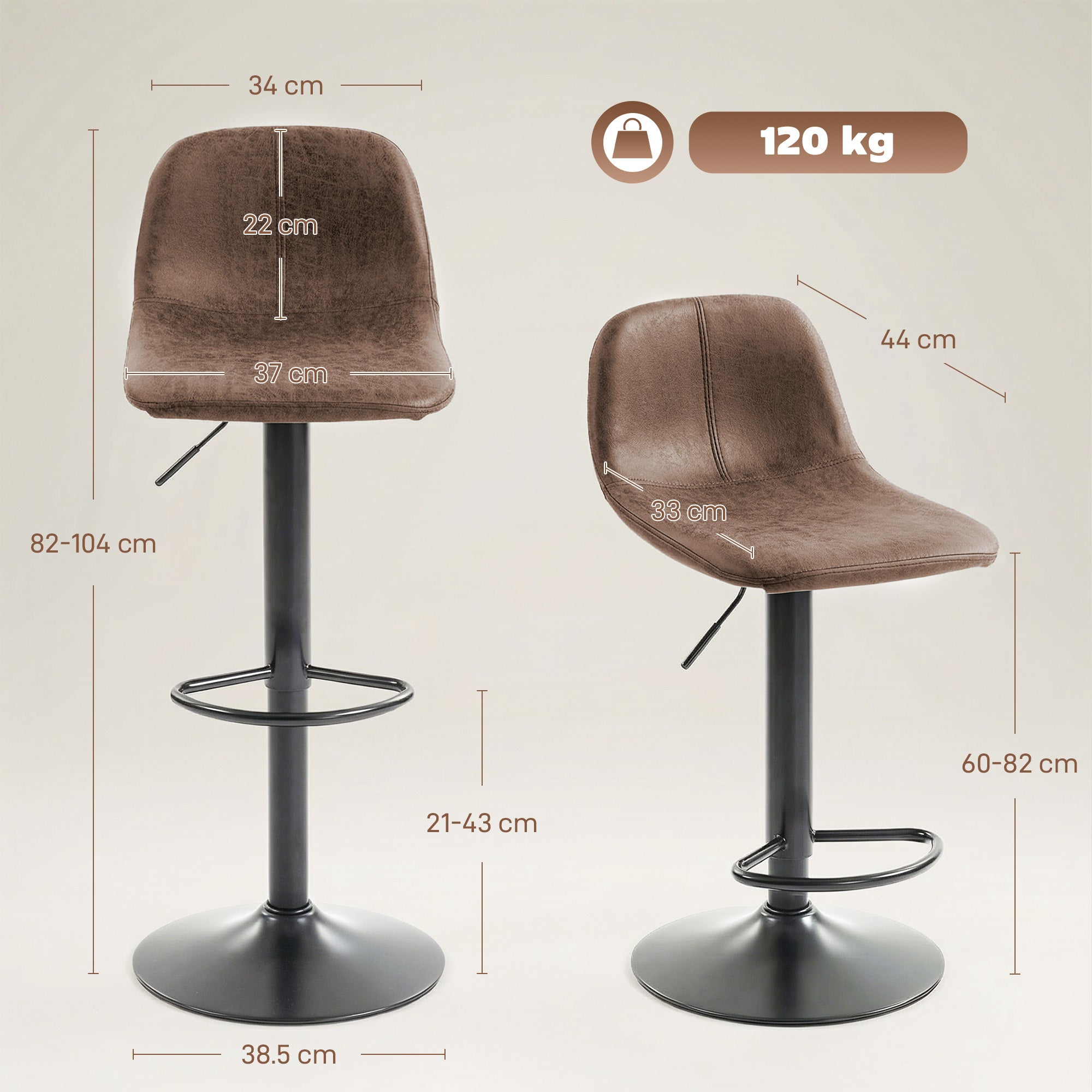 Brown faux leather bar stools with carbon steel black base and adjustable height for kitchen island use