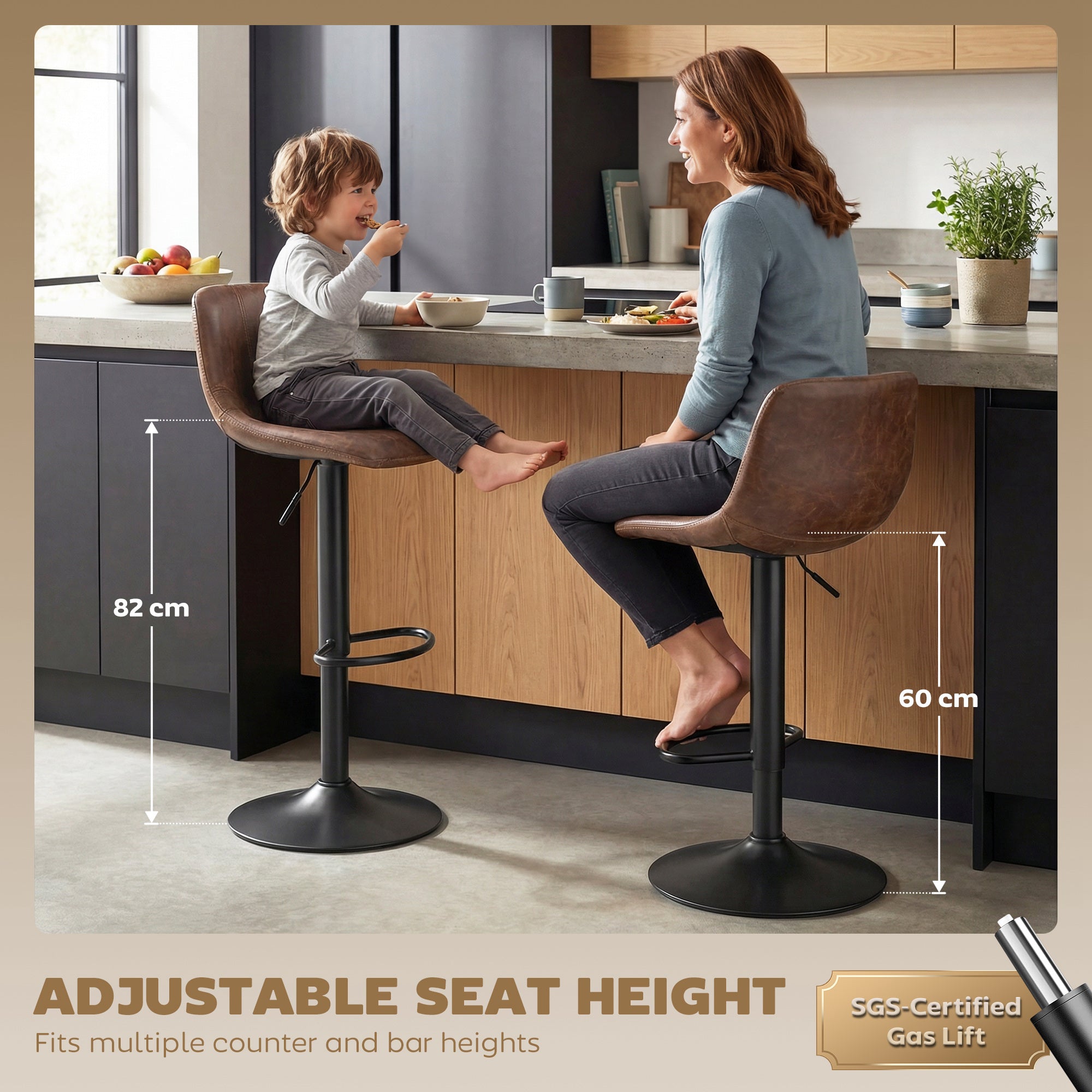Brown leatherette homcom bar stools set of 2 with carbon steel bases and adjustable gas lift for kitchen island use