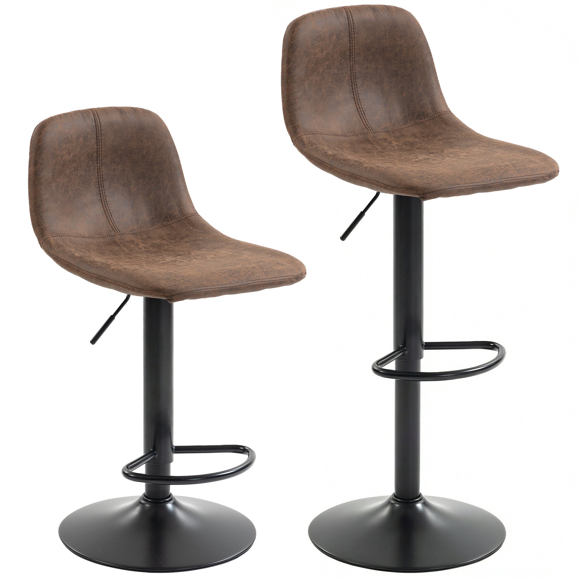 Brown faux leather HOMCOM bar stools with black carbon steel bases and footrests perfect for kitchen island seating