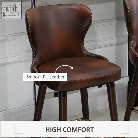 Brown smooth pu leather homcom bar stools with stitched detailing and dark wooden legs for kitchen counters