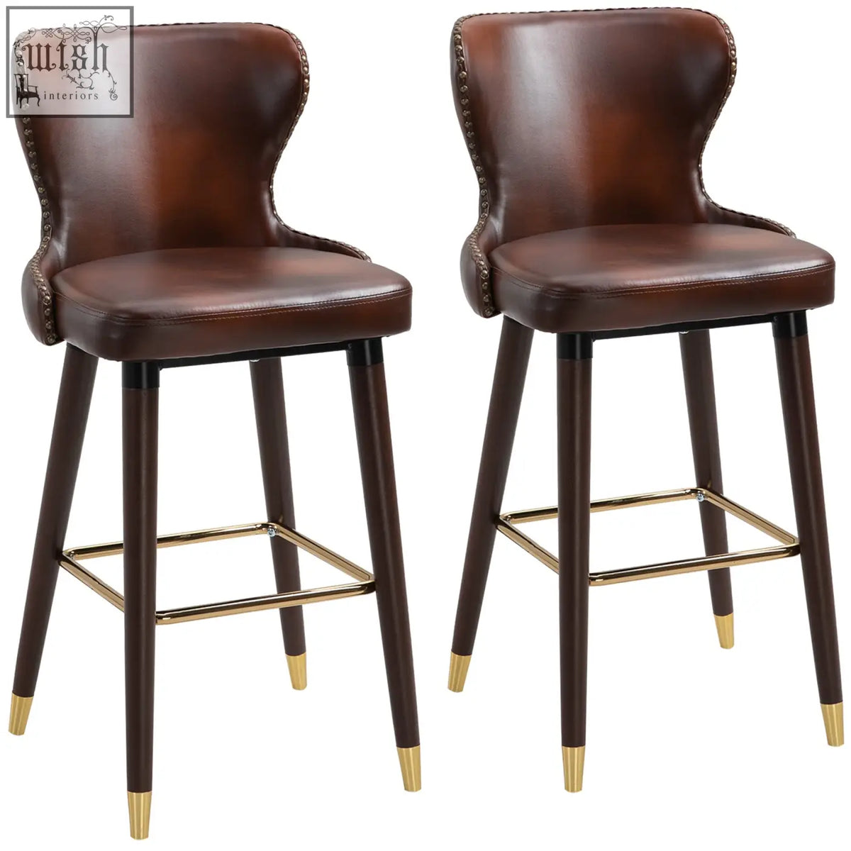Brown leather homcom bar stools set of 2 with brass accents and nailhead trim vintage counter height chairs