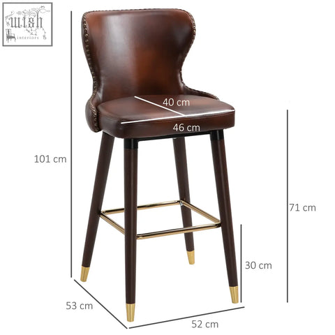 Brown leather homcom bar stools with gold metal accents and wooden legs perfect for vintage style kitchen counters