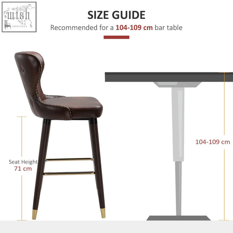 Brown leather homcom bar stools with dark wooden legs and gold accents perfect for vintage style kitchen seating