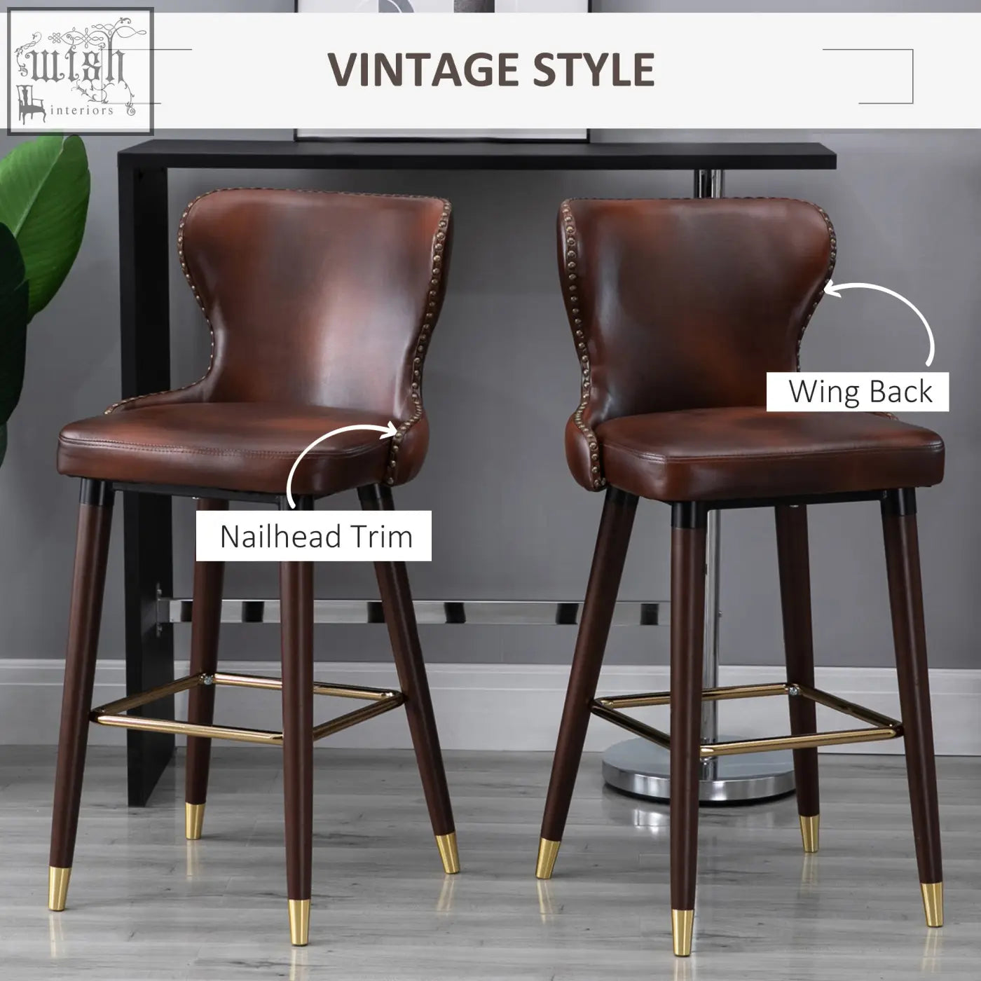 Brown leather homcom bar stools set of 2 with nailhead trim wingback design and gold capped dark wood legs