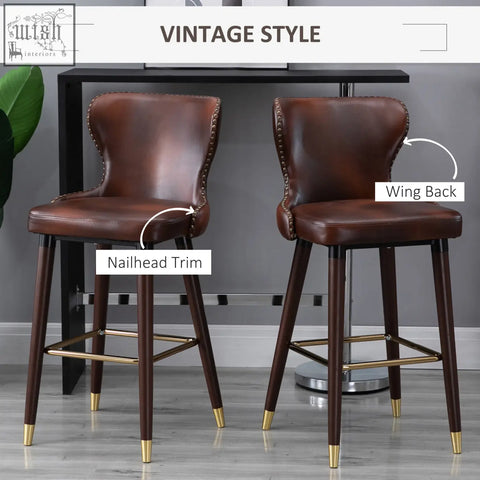 Brown leather homcom bar stools set of 2 with nailhead trim wingback design and gold capped dark wood legs
