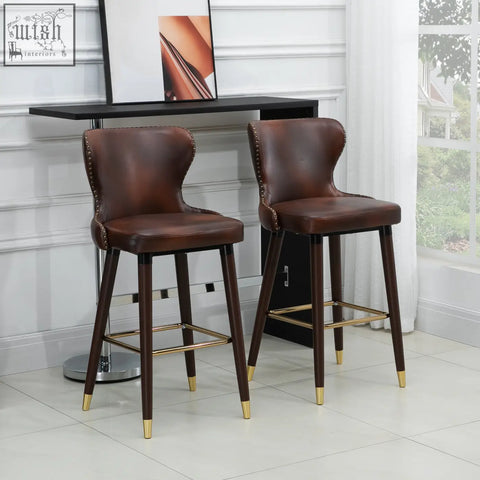 Homcom bar stools set of 2 brown pu leather with gold metal accents and nailhead trim for vintage kitchen use
