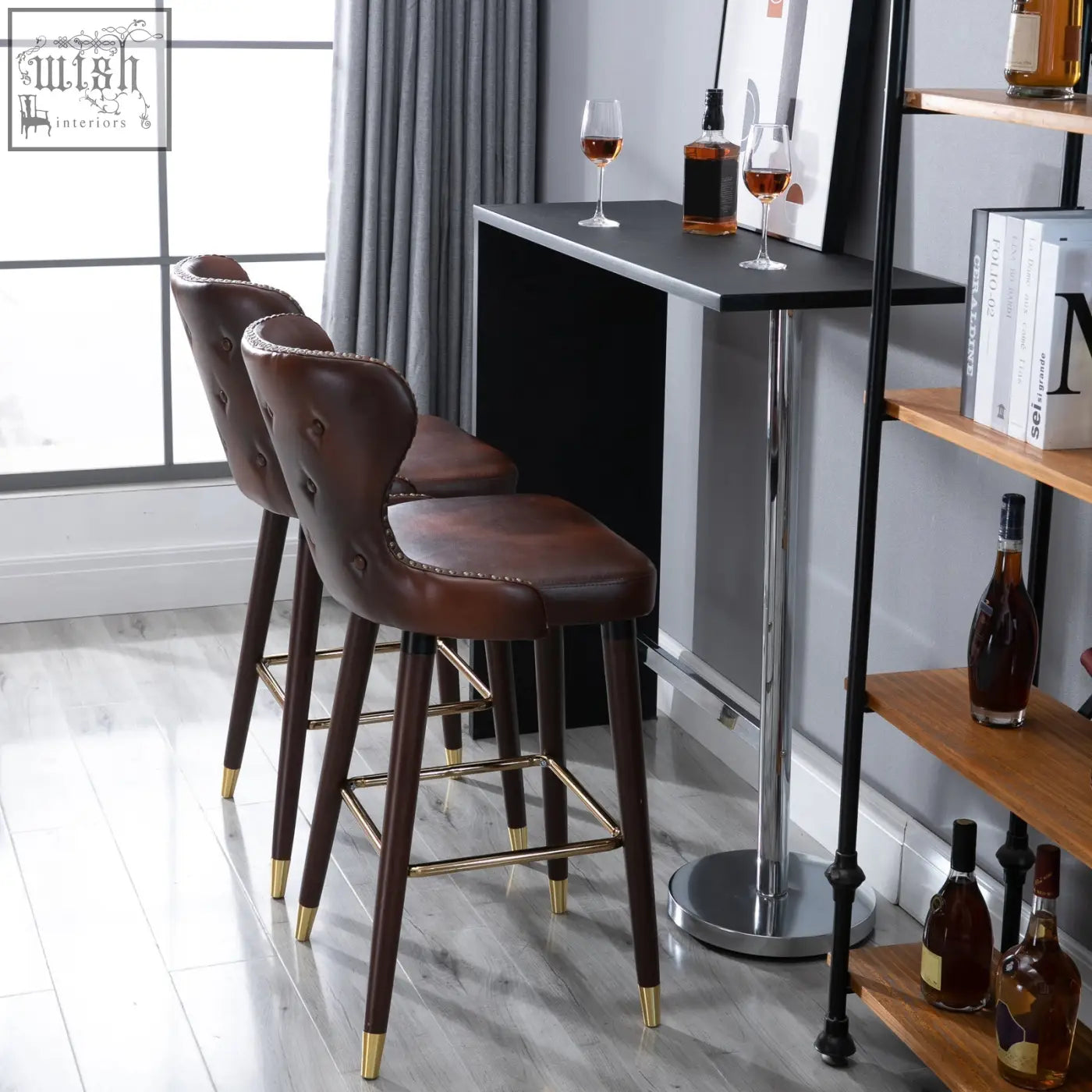 Brown homcom bar stools set of 2 with tufted pu leather backs and gold-tone metal legs for kitchen counters