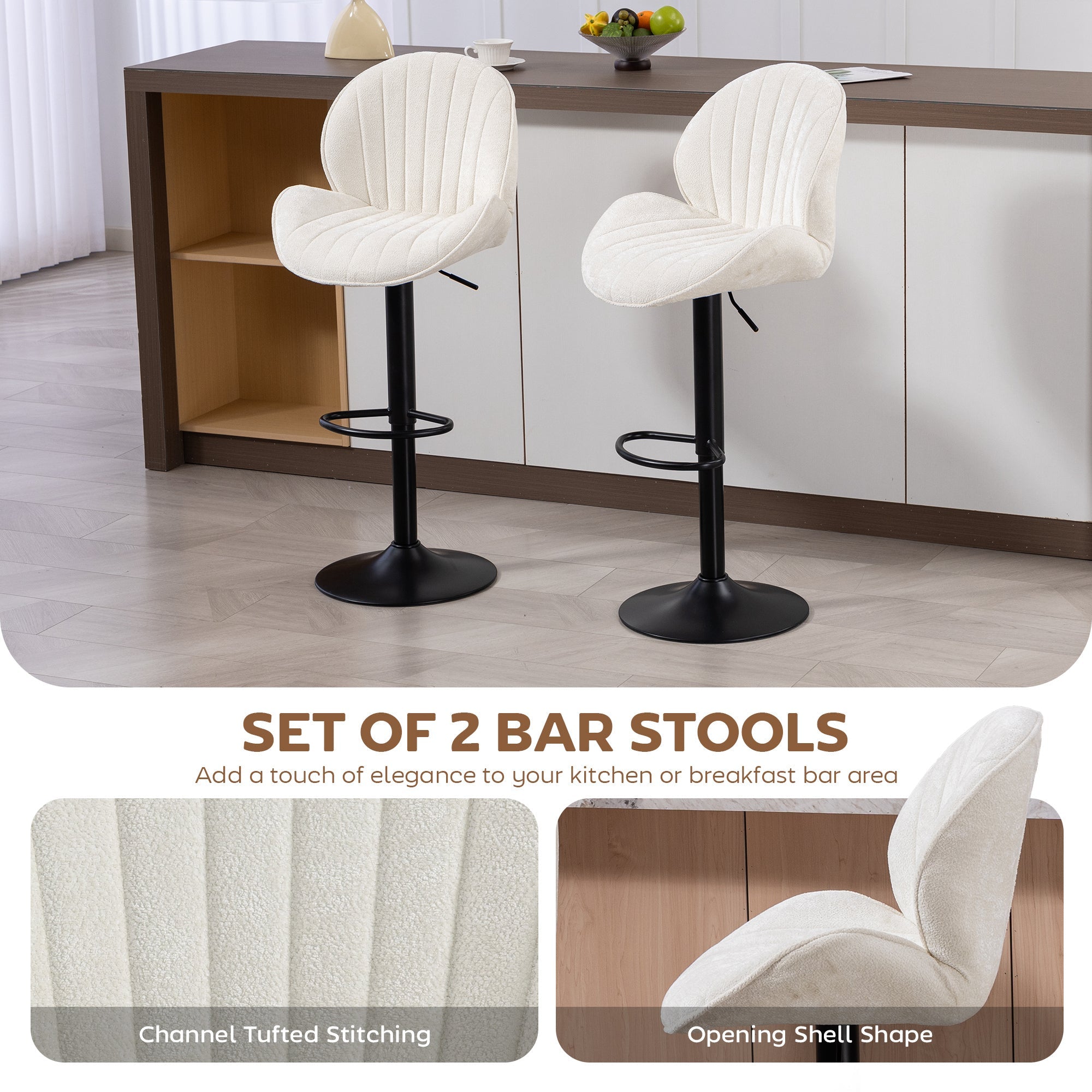 White upholstered homcom bar stools with black metal bases and smooth gas lift for adjustable height and kitchen island use