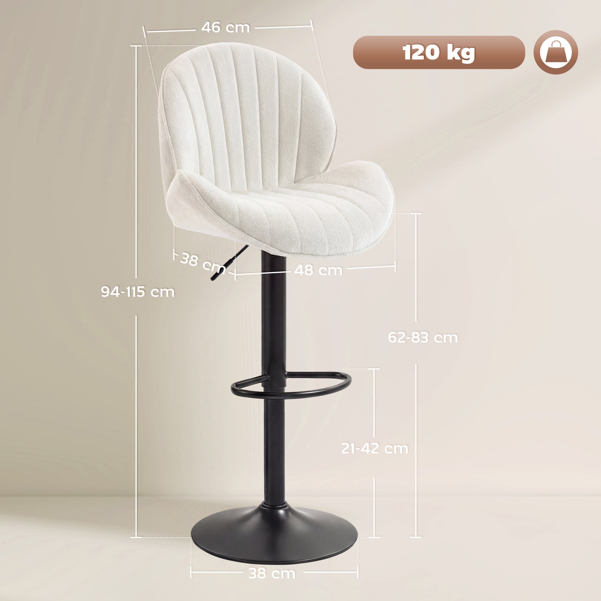 White upholstered homcom bar stools with black metal frame adjustable height and smooth gas lift for kitchen island