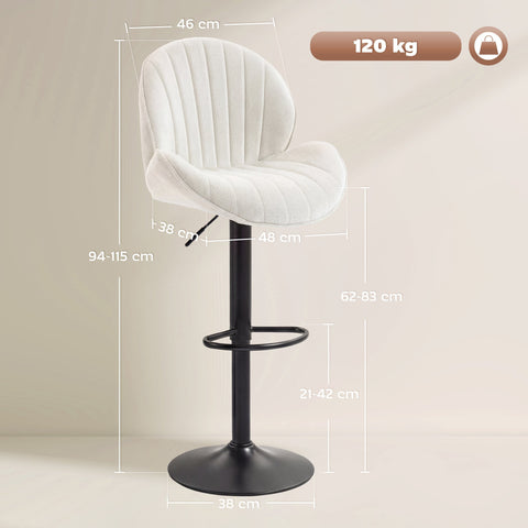 White upholstered homcom bar stools with black metal frame adjustable height and smooth gas lift for kitchen island