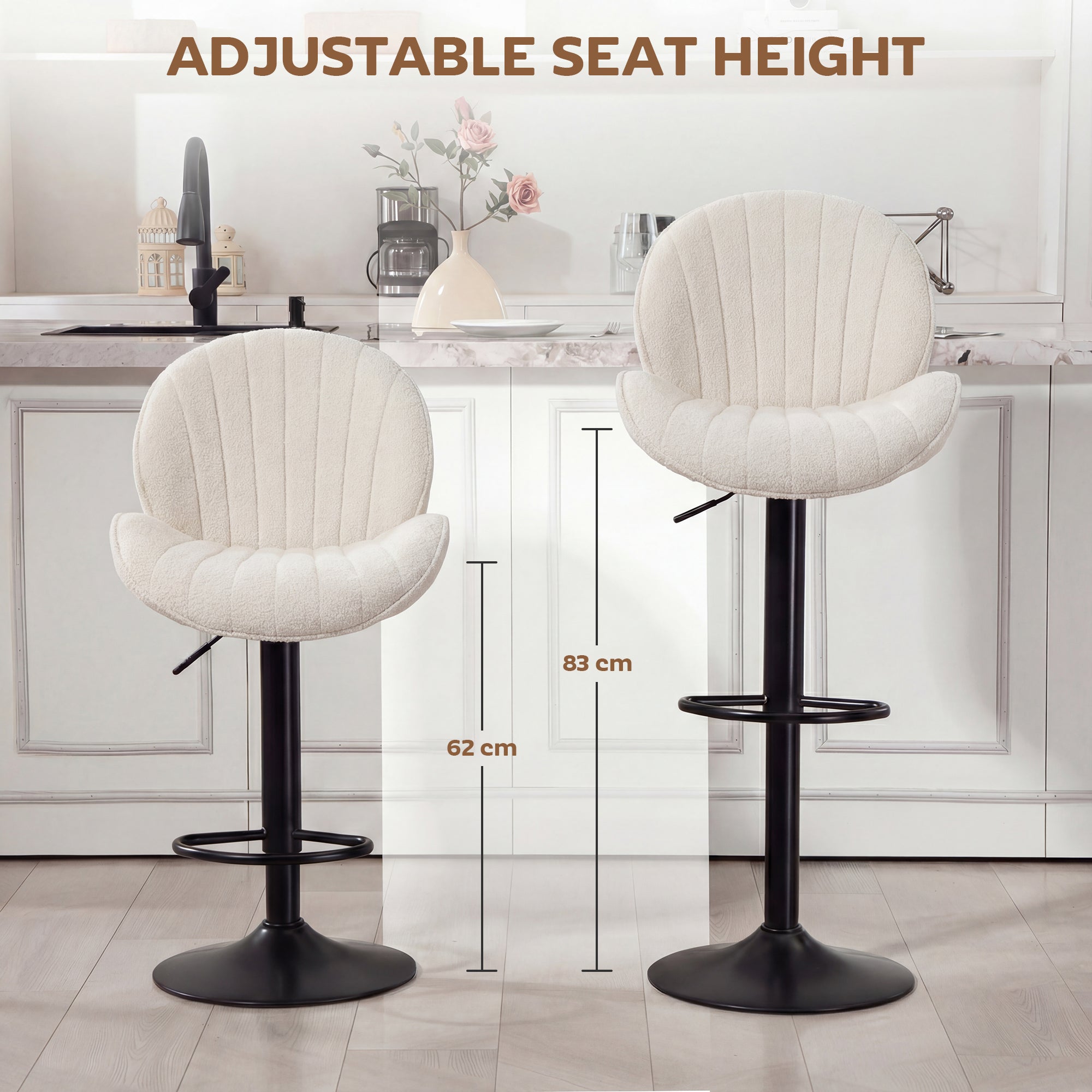 Cream homcom bar stools set of 2 with plush upholstery black metal base and smooth gas lift for kitchen island