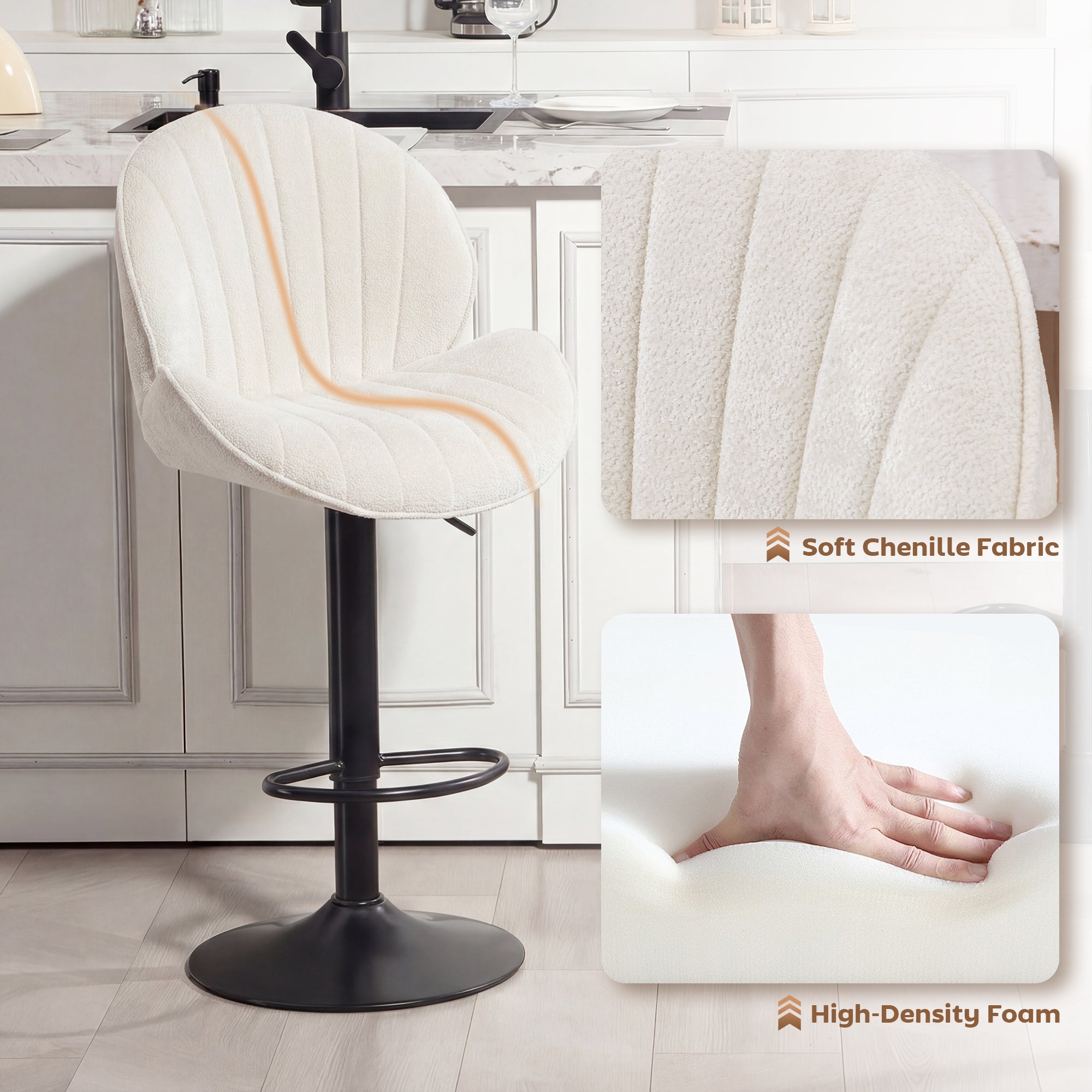 Cream homcom bar stools with cream chenille fabric, black metal base, smooth gas lift, swivel, and footrest for kitchen island
