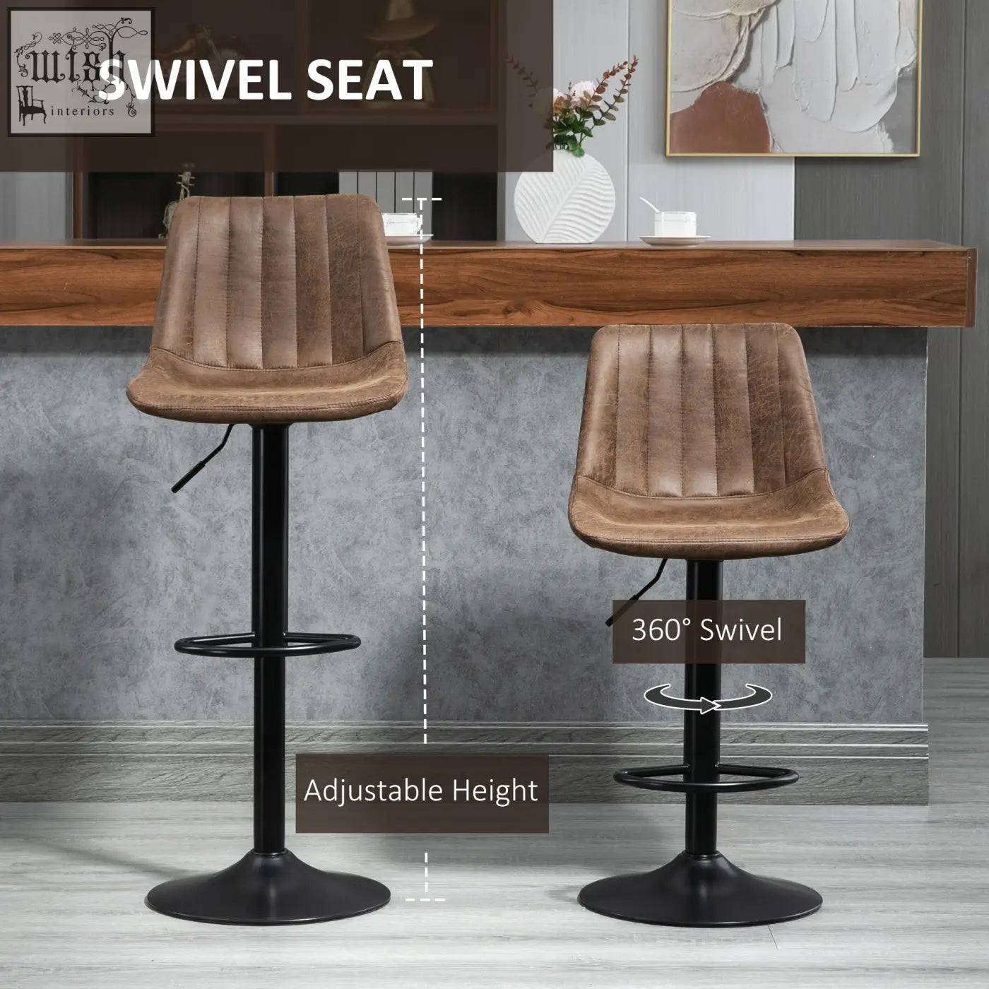 Brown tufted leather bar stools with black metal bases and adjustable height perfect for kitchen island use