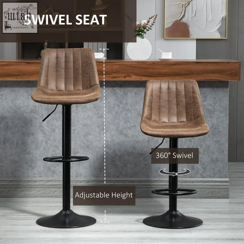 Brown tufted leather bar stools with black metal bases and adjustable height perfect for kitchen island use