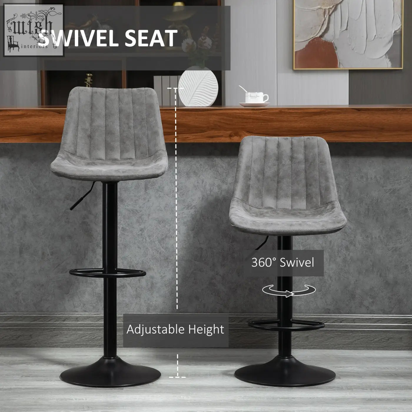 Gray upholstered homcom bar stools with swivel black metal base and adjustable height for kitchen island use