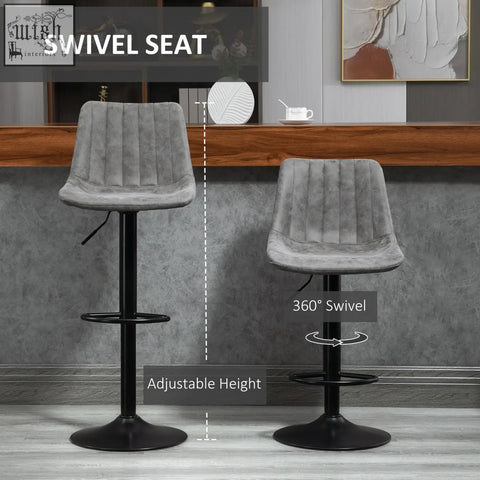 Gray upholstered homcom bar stools with swivel black metal base and adjustable height for kitchen island use