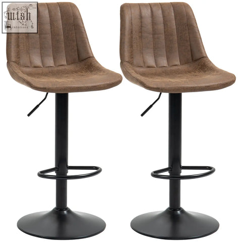 Brown faux leather bar stools set of 2 with adjustable height swivel seats and black metal bases for kitchen island use
