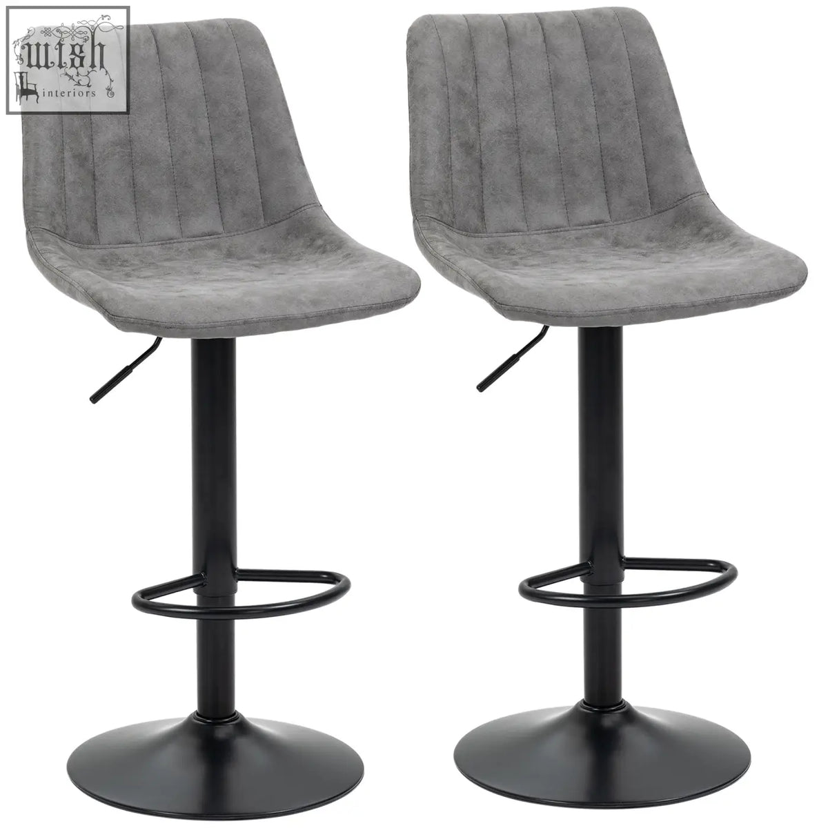 Gray upholstered homcom bar stools set of 2 with swivel black metal bases and adjustable footrests for kitchen island