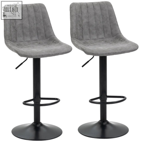 Gray upholstered homcom bar stools set of 2 with swivel black metal bases and adjustable footrests for kitchen island