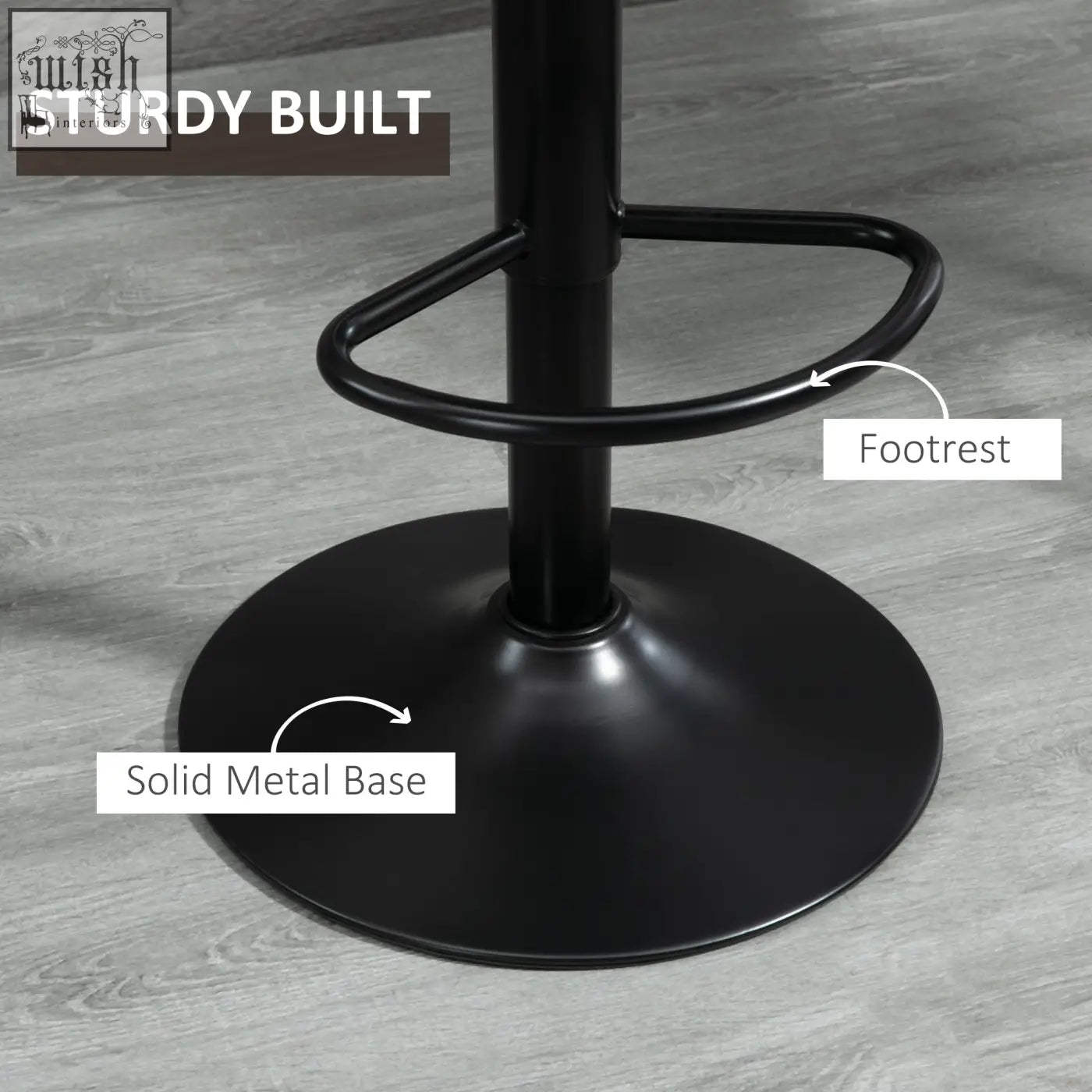 Black metal bar stools with solid circular base and adjustable steel footrest for kitchen island counter use