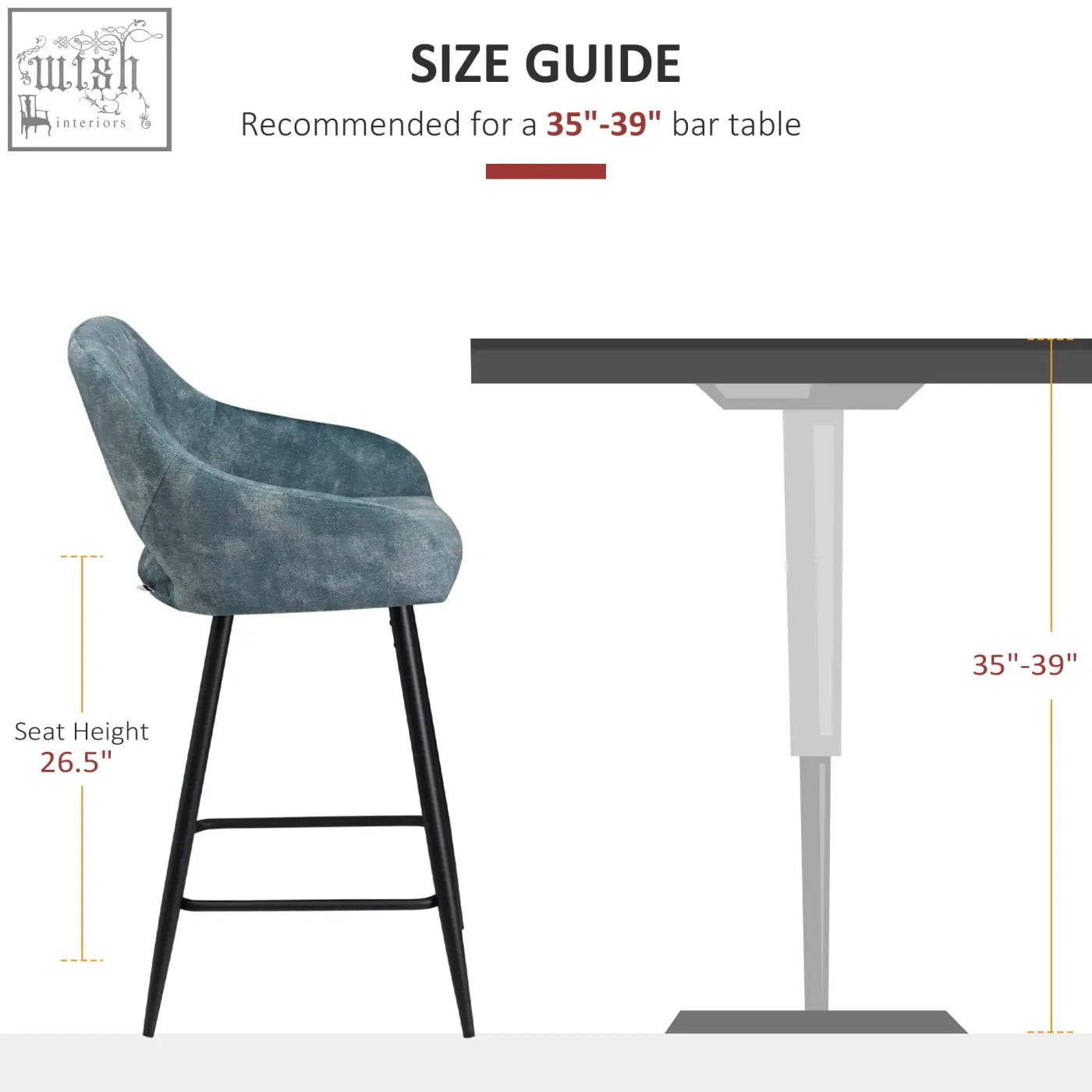 Blue upholstered bar stools with beautiful velvet-feel upholstery and black steel legs for kitchen island or dining area