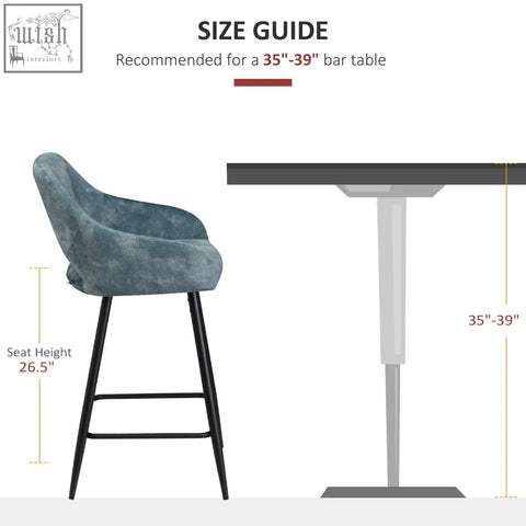 Blue upholstered bar stools with beautiful velvet-feel upholstery and black steel legs for kitchen island or dining area