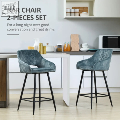 Set of two homcom bar stools with beautiful velvet-feel teal upholstery and black steel legs for kitchen island