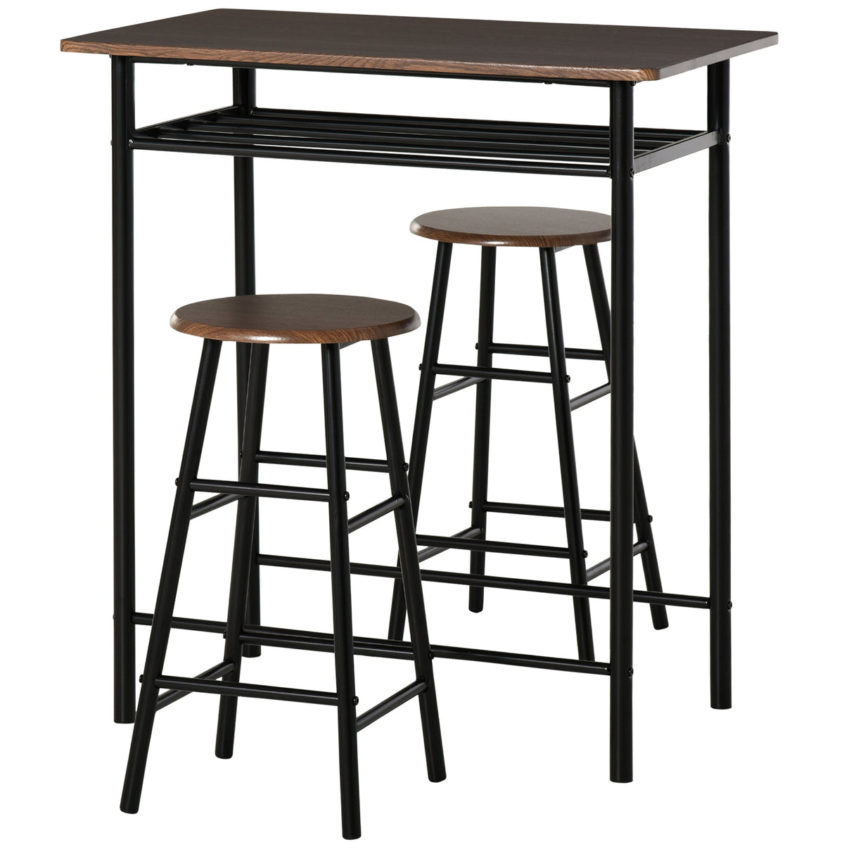 Black metal bar table with dark wood top and two matching oak dining chairs perfect for kitchen or cafe seating