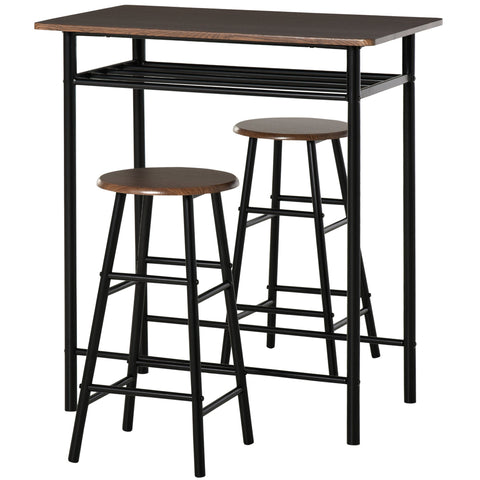 Black metal bar table with dark wood top and two matching oak dining chairs perfect for kitchen or cafe seating