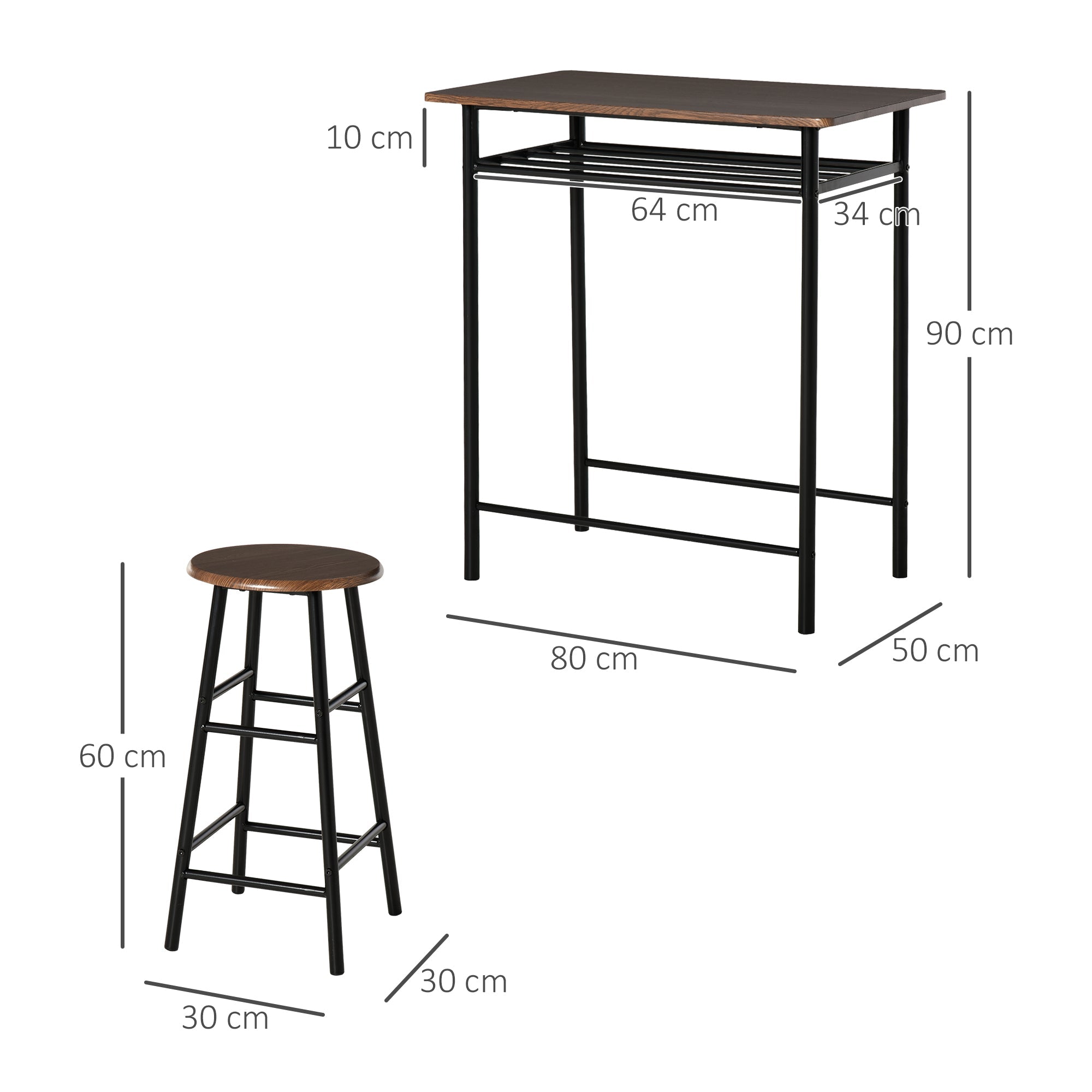Black metal bar table set with oak top and matching dining chair featuring footrest and compact size for kitchen or cafe