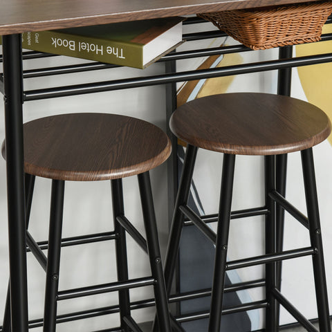 Two dark brown wooden stools with black metal legs from the homcom bar table set perfect as compact dining chairs