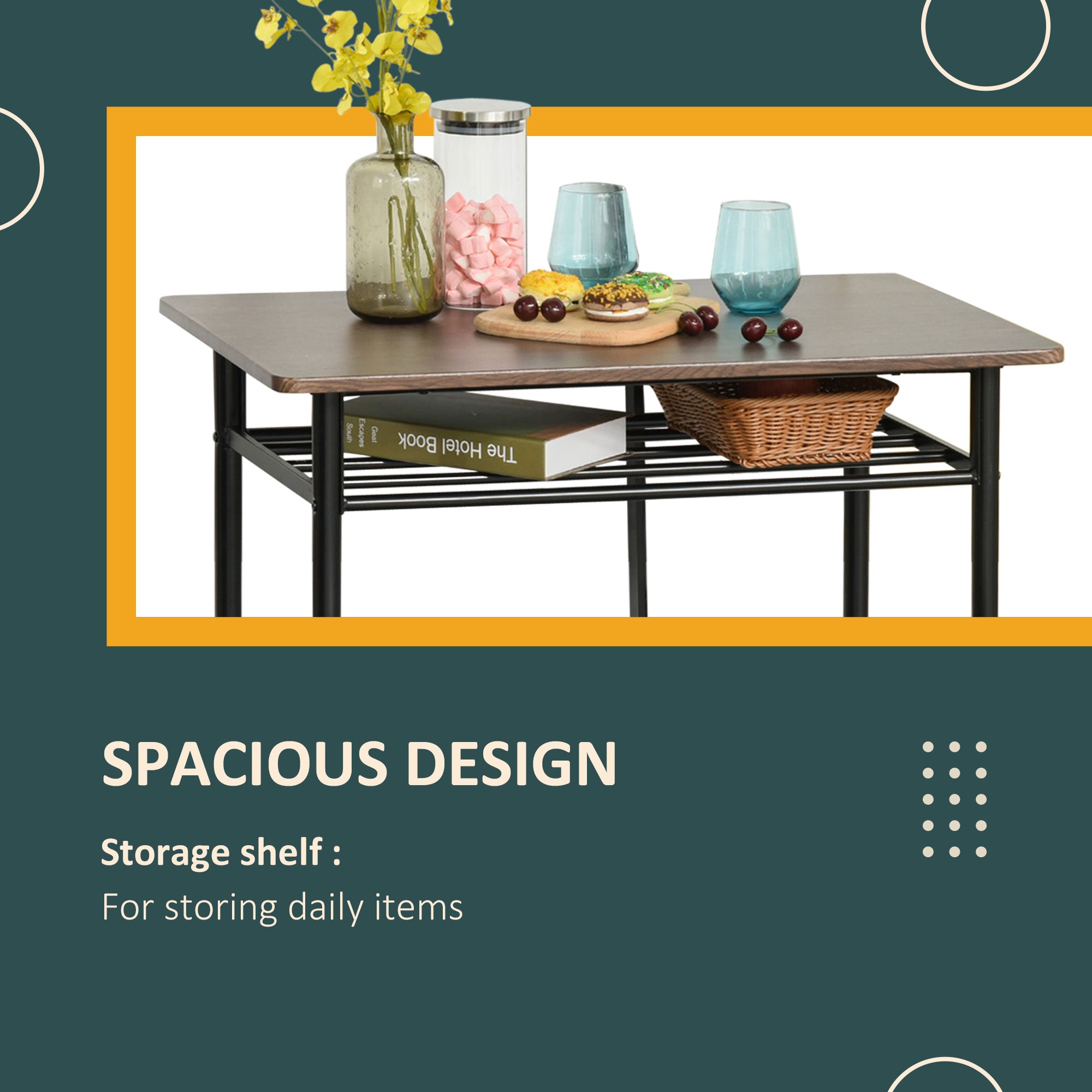 Dark brown wooden bar table with black metal legs and lower storage shelf compact size for kitchen and cafe use