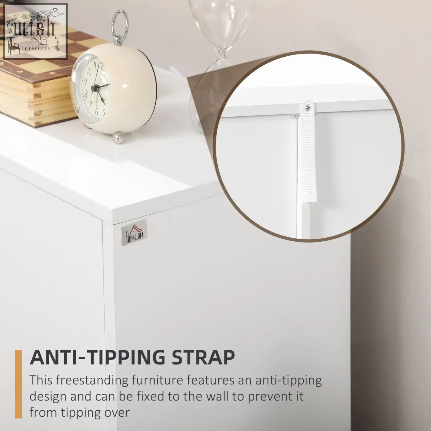 White homcom bathroom anti-tipping strap with metal fasteners for securing freestanding four drawers two-tier cabinet