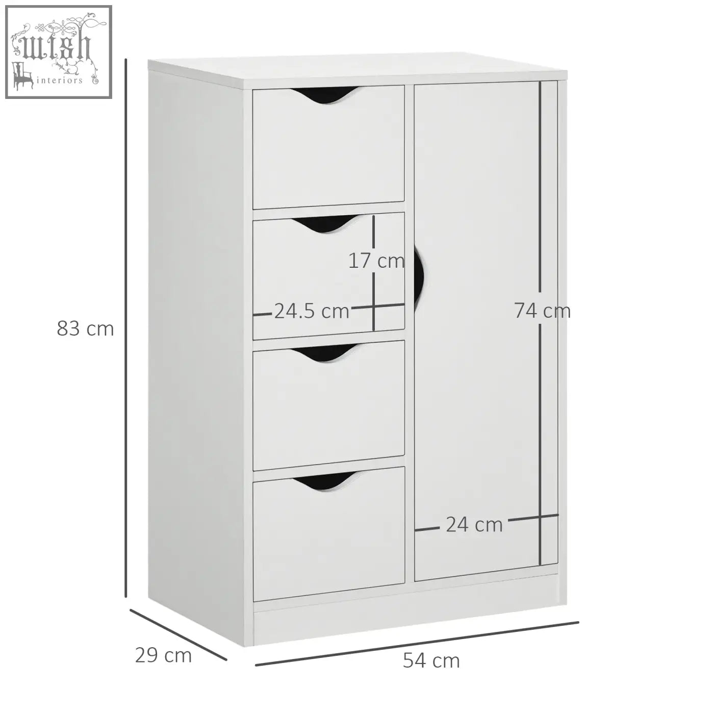 White homcom bathroom two-tier cabinet with four drawers and door featuring black curved handles for home storage