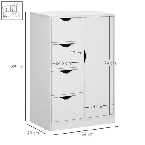 White homcom bathroom two-tier cabinet with four drawers and door featuring black curved handles for home storage