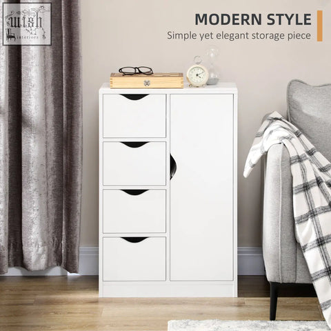 White homcom bathroom cabinet freestanding two-tier cabinet with four drawers and black handles for bedroom or kitchen