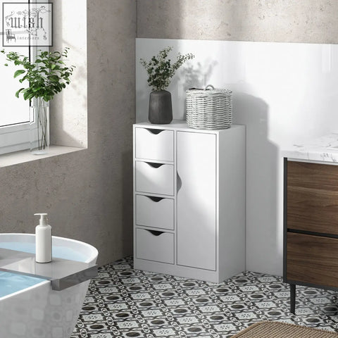 White homcom bathroom freestanding two-tier cabinet with four drawers and door for kitchen bedroom storage