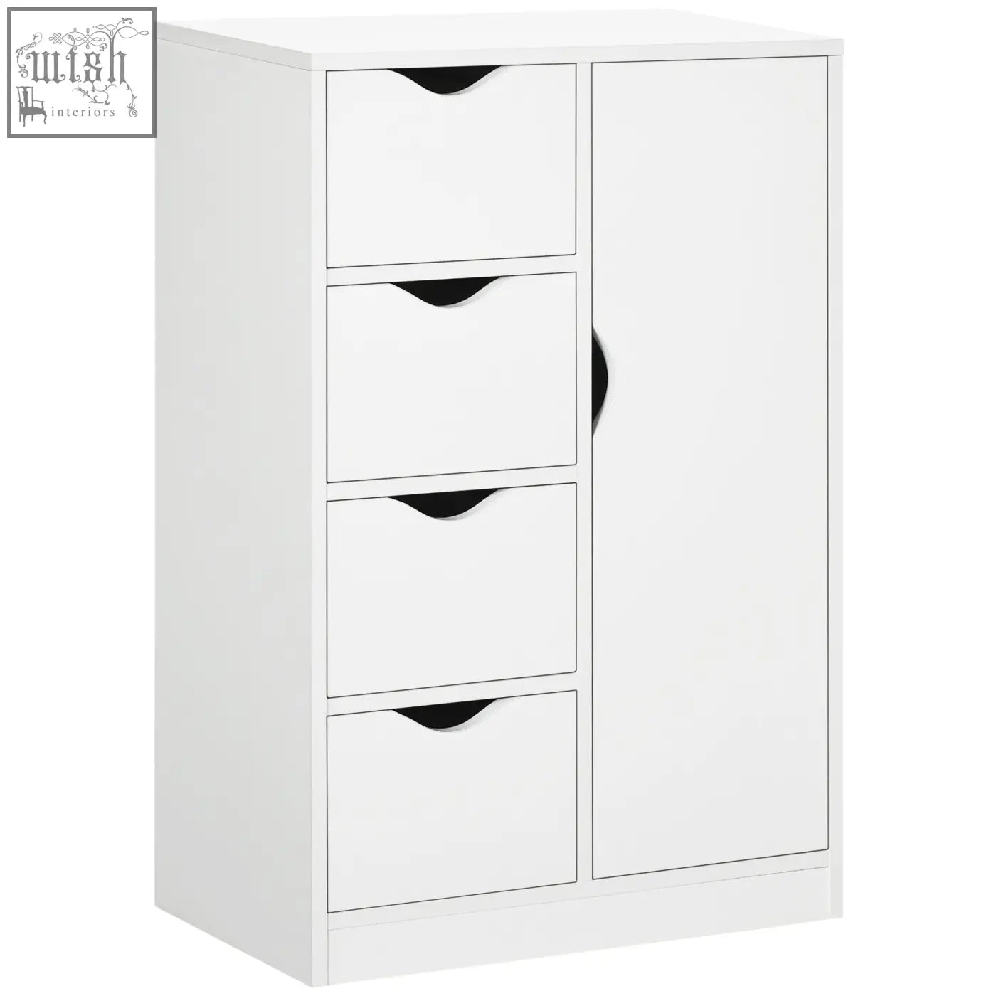 White homcom bathroom two tier cabinet with four drawers and one door featuring black curved handles for storage