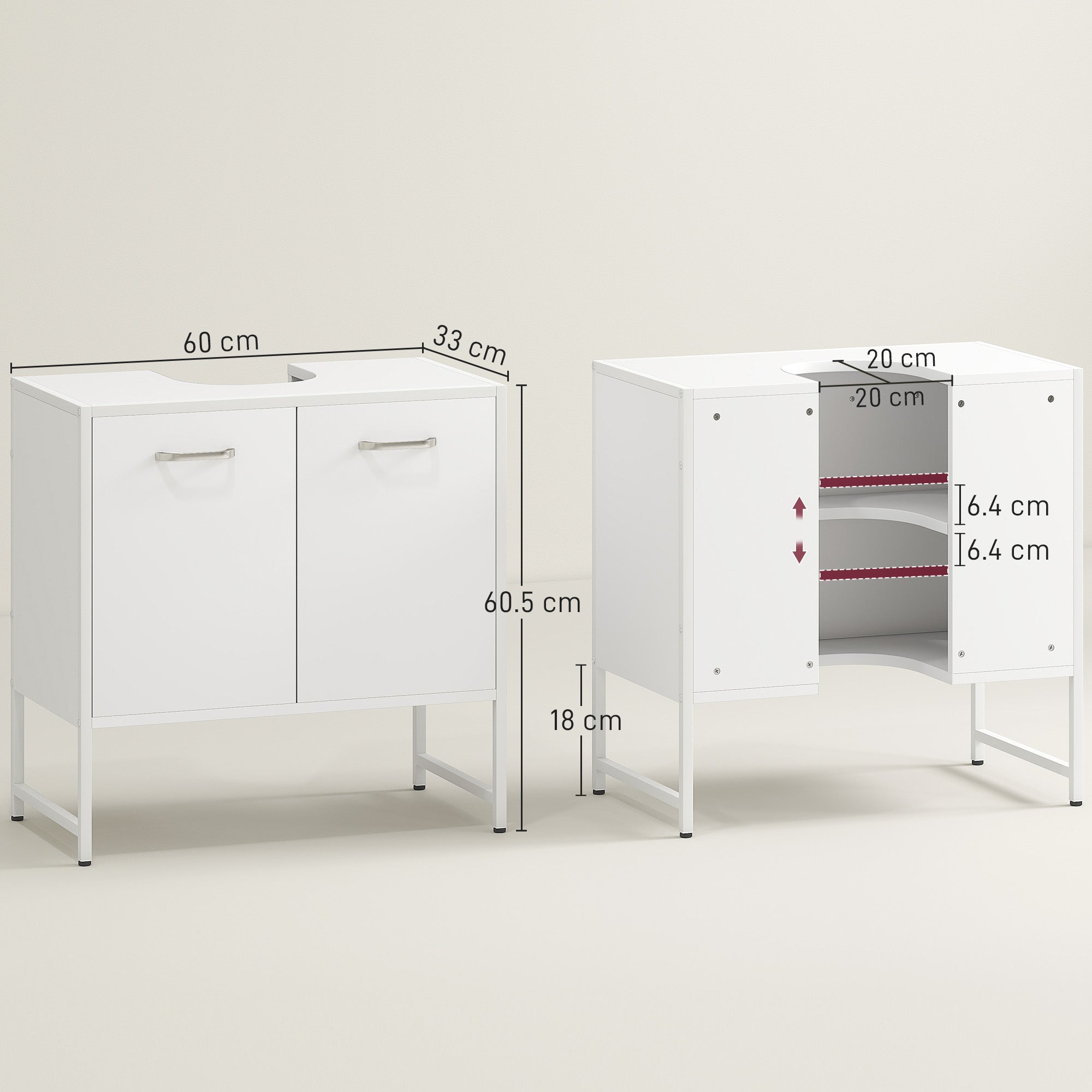 White homcom bathroom sink storage cabinet with two soft-close doors silver handles and sink basin on top